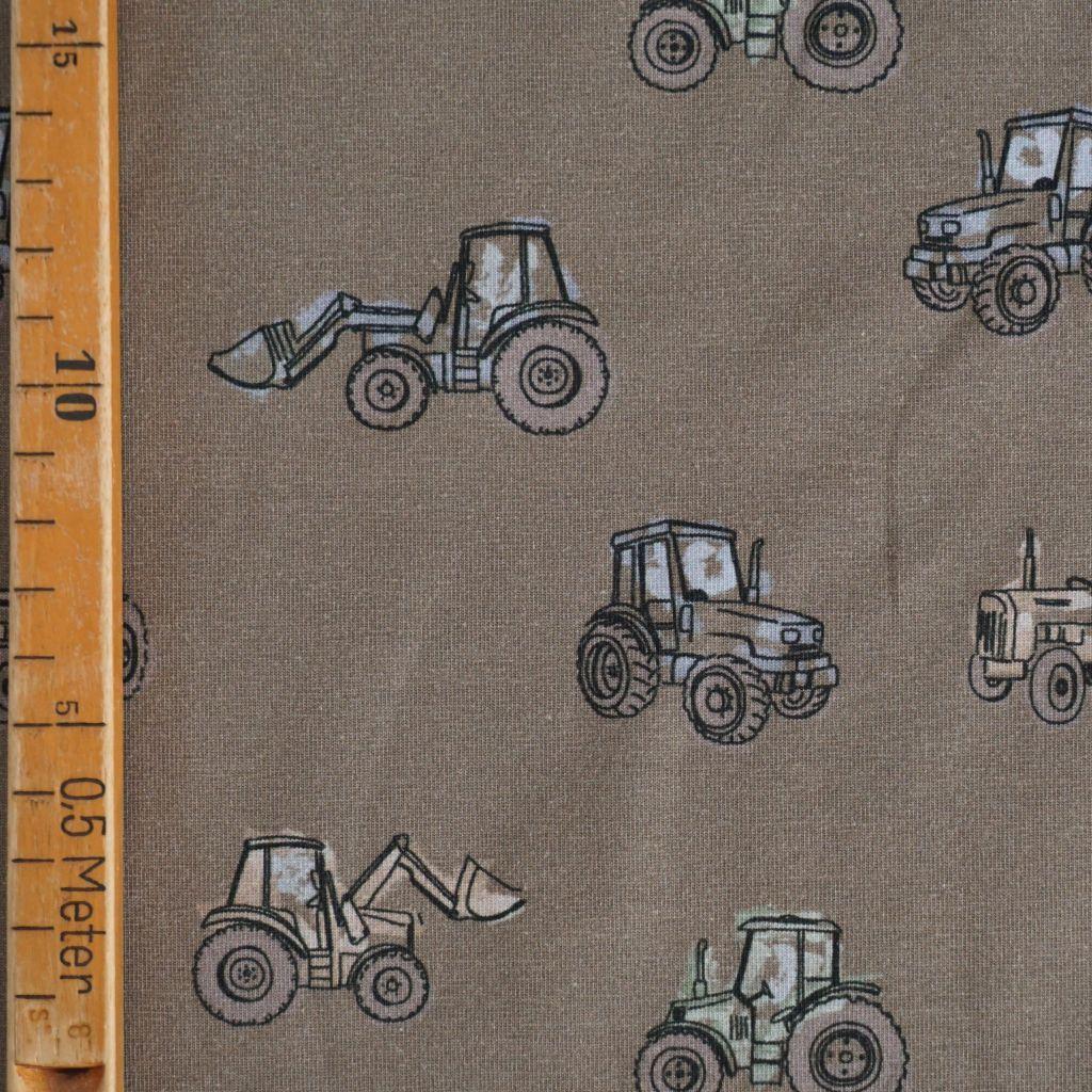 Baumwolljersey Trecker Traktoren auf taupe braun